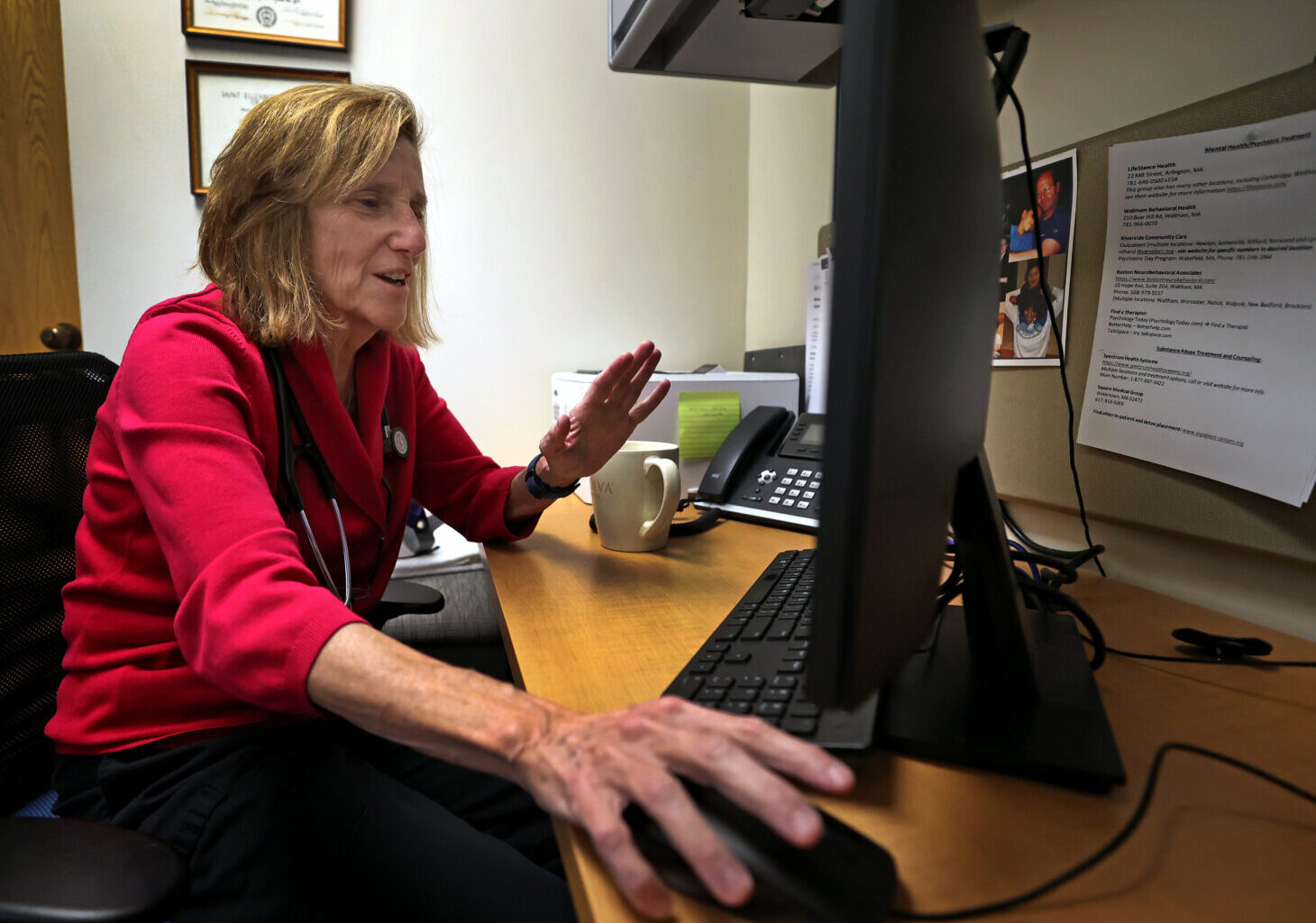 Dr. Barbara Spivak, a primary care doctor, conducts a telehealth session with a patient in Watertown, Mass., on March 6, 2023.