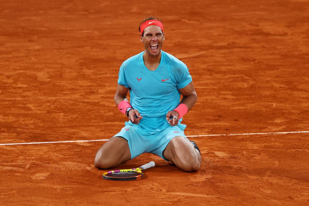 Rafael Nadal celebrates after winning the 2020 French Open
