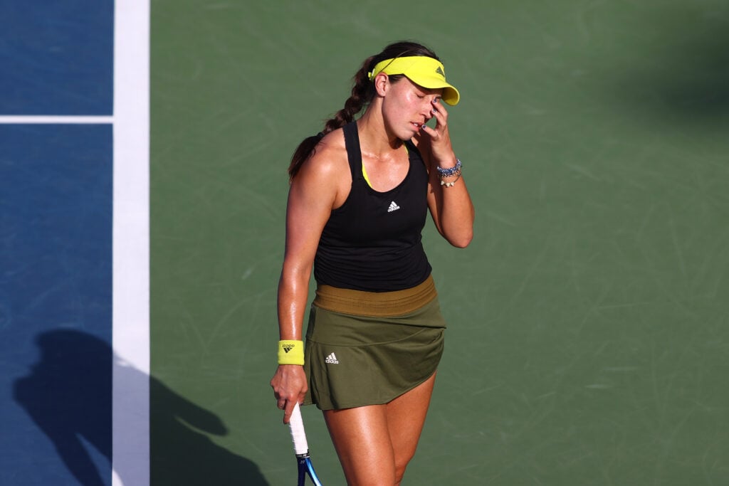 Jessica Pegula looks dejected in her quarterfinal match against Elise Mertens at the Dubai Duty Free Tennis Championships in 2021.