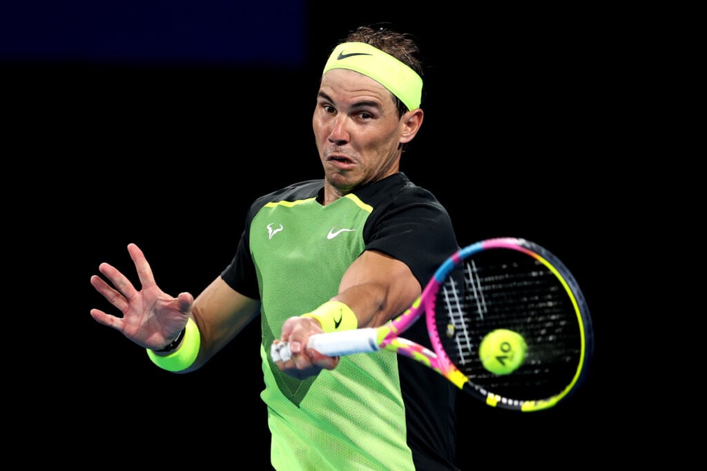 Rafael Nadal hits a forehand at the 2023 Unite Cup