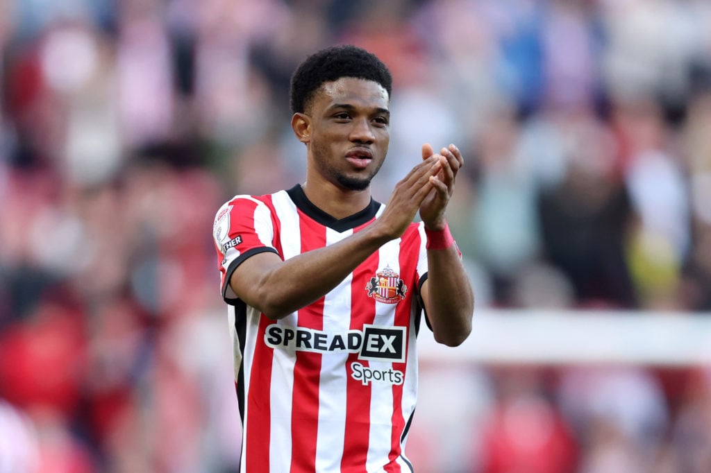 Amad Diallo applauds Sunderland's supporters after the Championship play-off semi-final first leg tie against Luton Town
