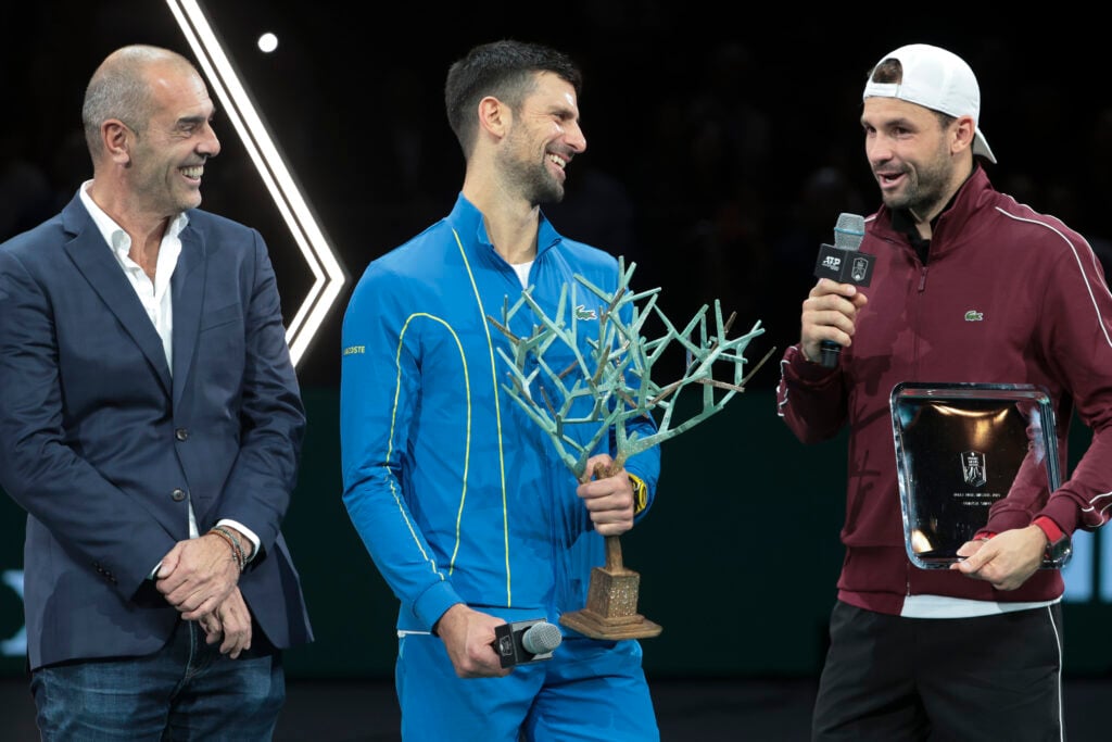 Grigor Dimitrov speaks after losing to Novak Djokovic in the 2023 Paris Masters final