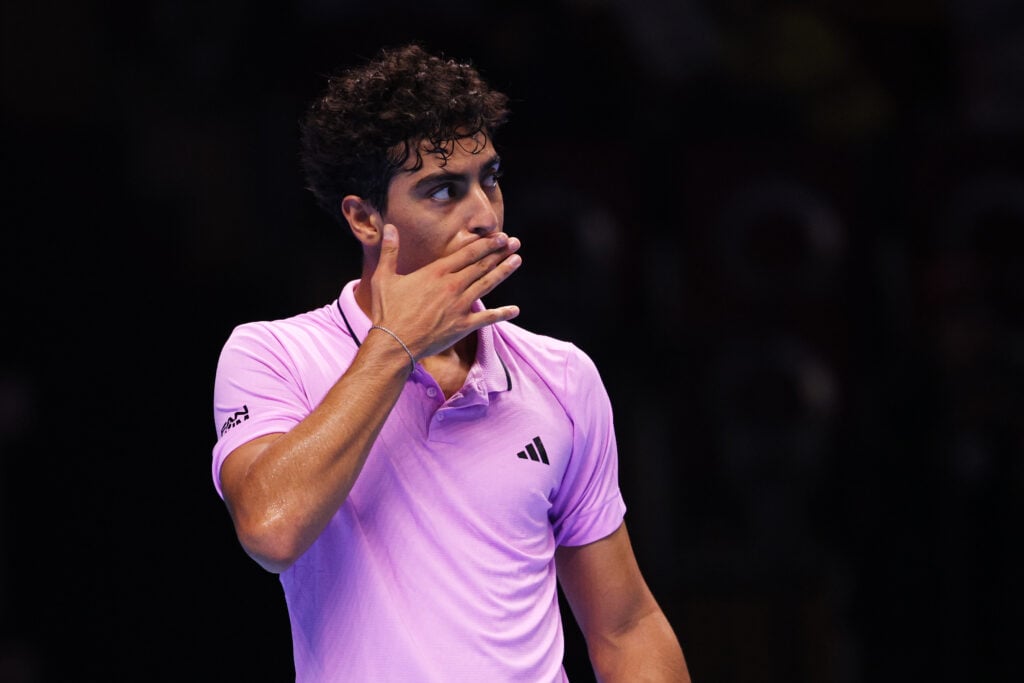 Abedallah Shelbayh of Jordan reacts against Luca Van Assche of France during the Men's Singles Group Stage match during day one of the Next Gen ATP Finals at King Abdullah Sports City.