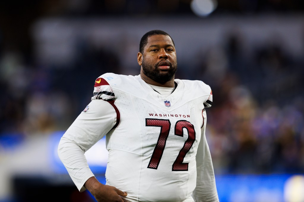 Charles Leno Jr. #72 of the Washington Commanders walks off the field during a game against the Los Angeles Rams at SoFi Stadium on December 17, 2023 in Inglewood, California.
