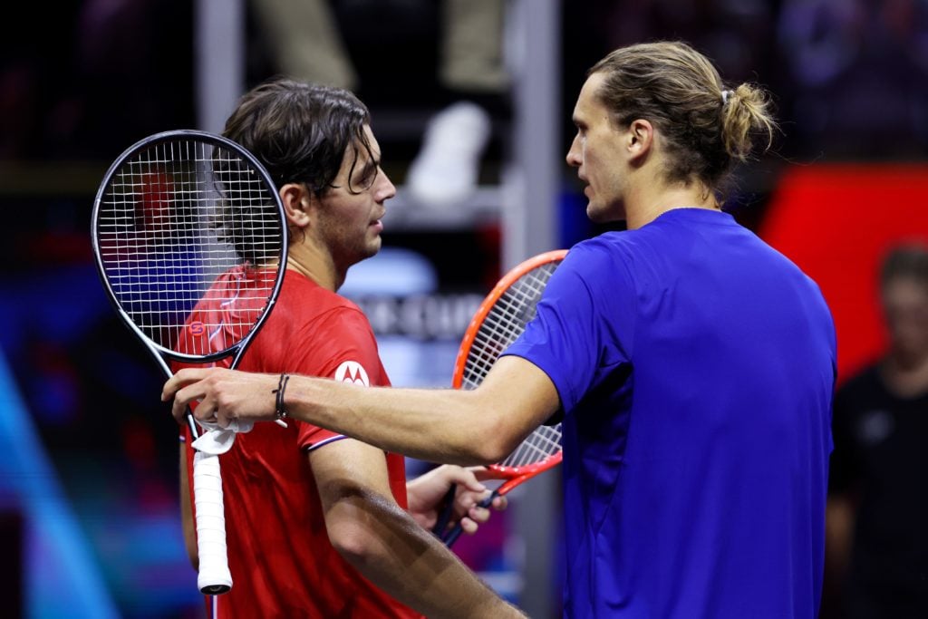 Taylor Fritz and Alexander Zverev embrace at the 2024 Laver Cup