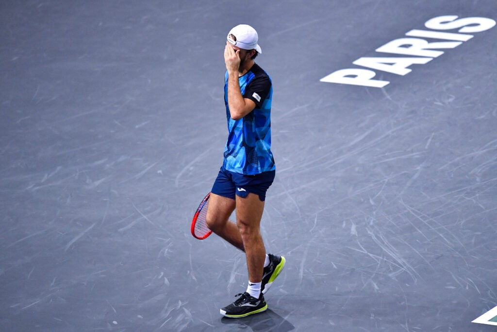 Tomas Machac of Czech Republic looks dejected during day one of the Rolex Paris Masters 2024.