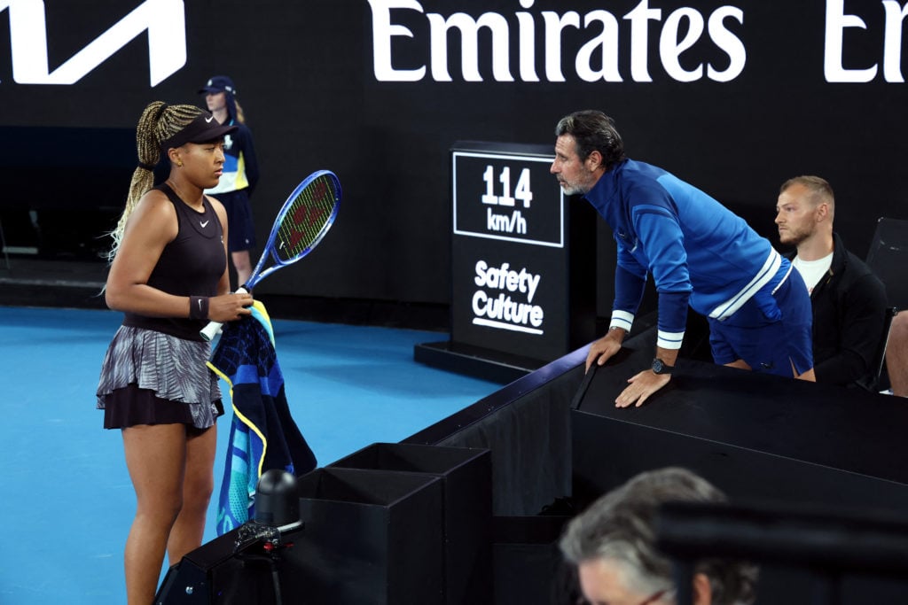 Naomi Osaka talks with coach Patrick Mouratoglou at the 2025 Australian Open.