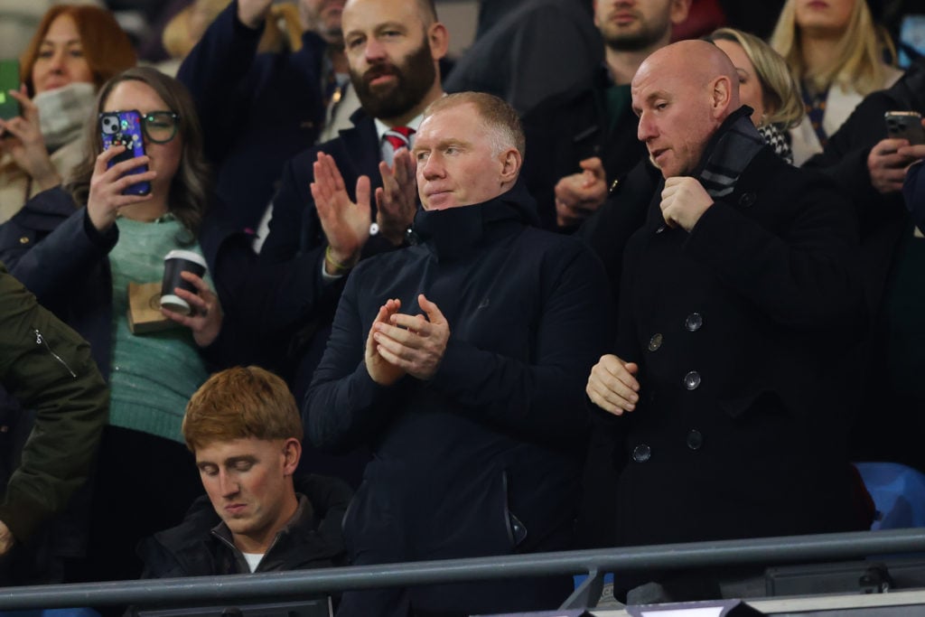 Manchester United legends Paul Scholes and Nicky Butt look on during the FA Cup match between Manchester City and Salford City at the Etihad Stadium in 2025 in Manchester, England.