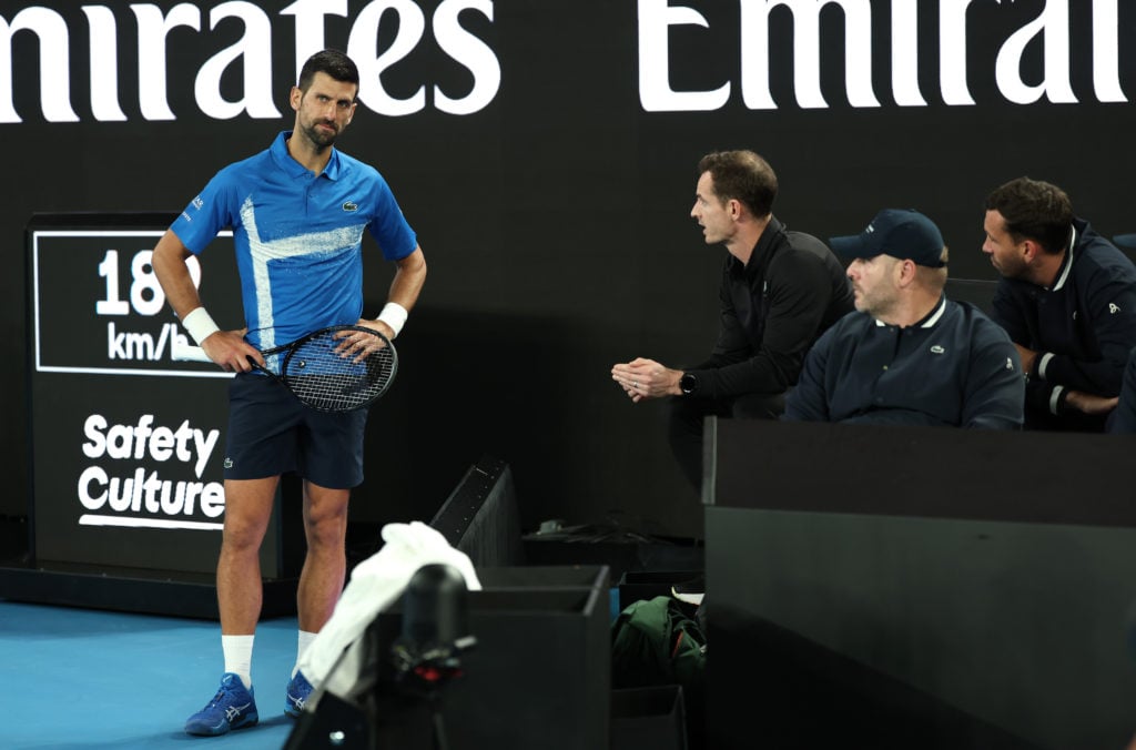 Andy Murray coaching Novak Djokovic at the 2025 Australian Open.