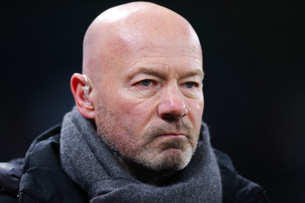 Premier League legend Alan Shearer during the Champions League match between Manchester City and Real Madrid at the Manchester City Stadium in 2025 in Manchester, England.