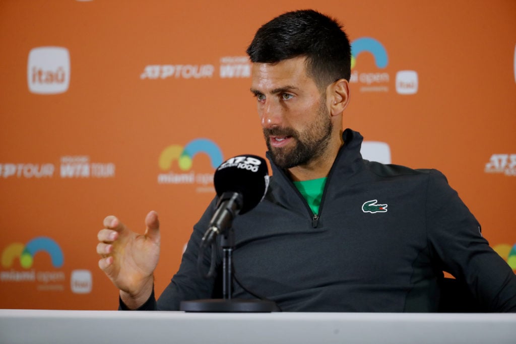 Novak Djokovic speaks to the media during the 2025 Miami Open