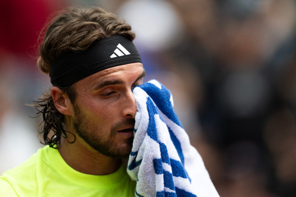 Stefanos Tsitsipas reacts during his defeat to Arthur Fils at the 2025 Italian Open