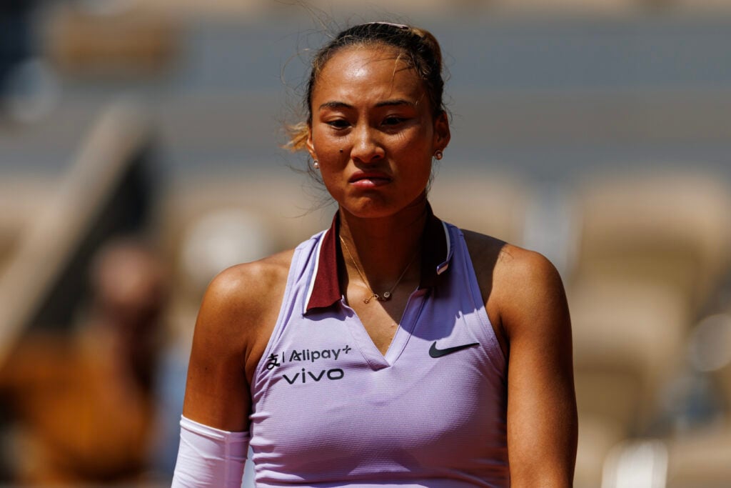 Qinwen Zheng of China in action against Aryna Sabalenka of Belarus in the quarter finals of the women's singles at Roland Garros .