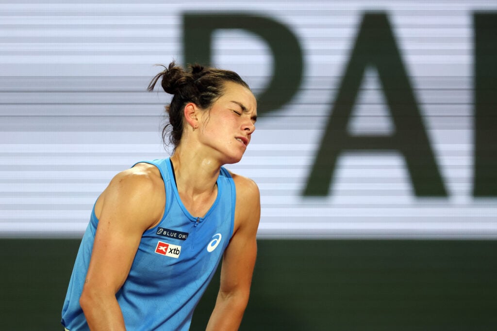 Lois Boisson reacts during her defeat to Coco Gauff at the 2025 French Open