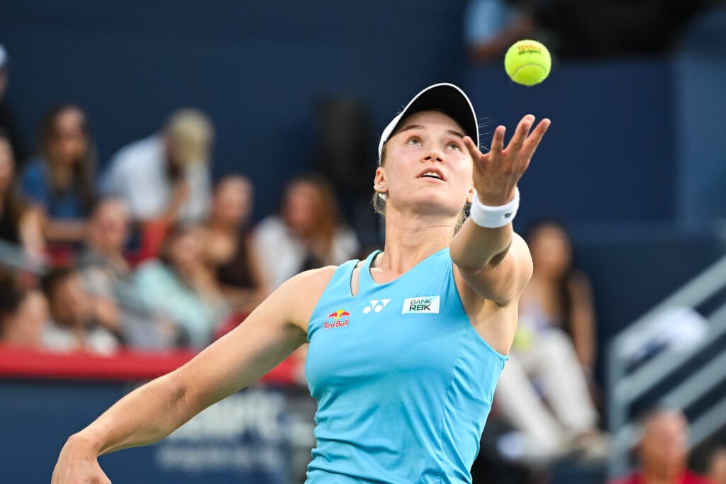 Elena Rybakina hits a serve at the 2025 Canadian Open