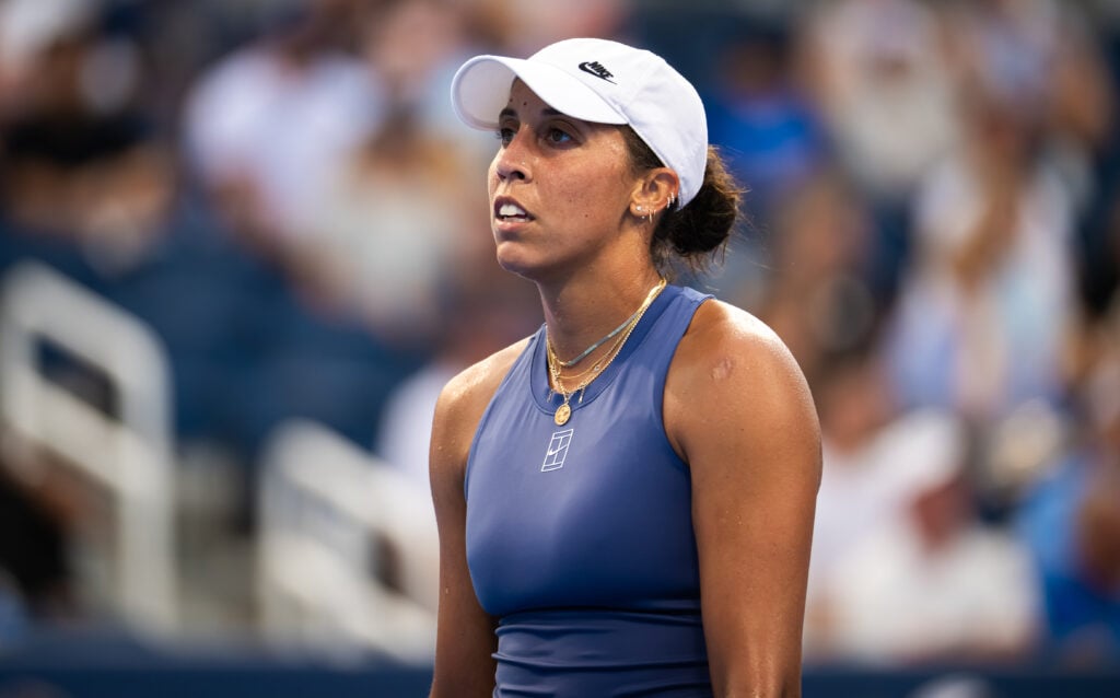 Madison Keys looks on during her defeat to Elena Rybakina at the 2025 Cincinnati Open