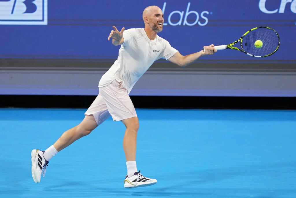 Adrian Mannarino plays a forehand to Tommy Paul at the 2025 Cincinnati Open