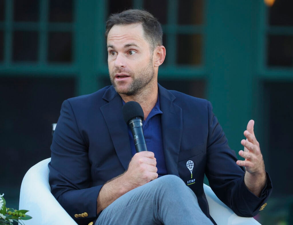 Andy Roddick speaks during the International Tennis Hall of Fame induction ceremony for the Class of 2025 at the International Tennis Hall of Fame.