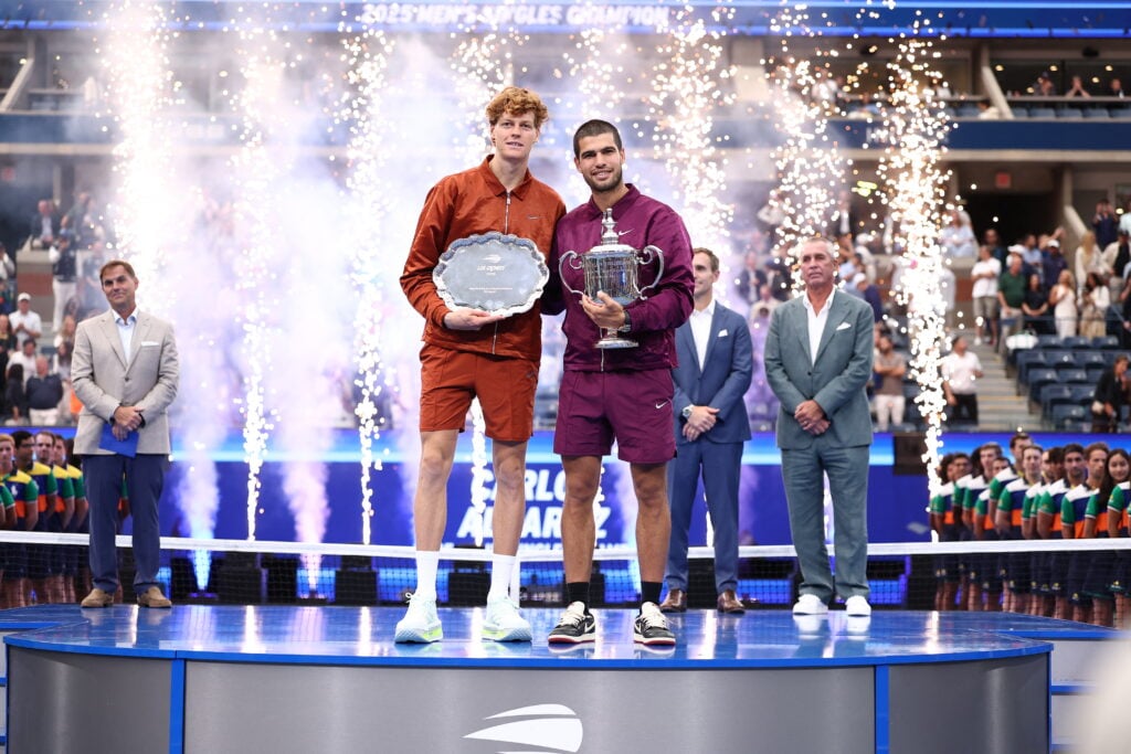 Carlos Alcaraz and Italy's Jannik Sinner pose for a photo after their men's singles final tennis match on day fifteen of the US Open tennis tournament at the USTA Billie Jean King National Tennis Center in New York City.