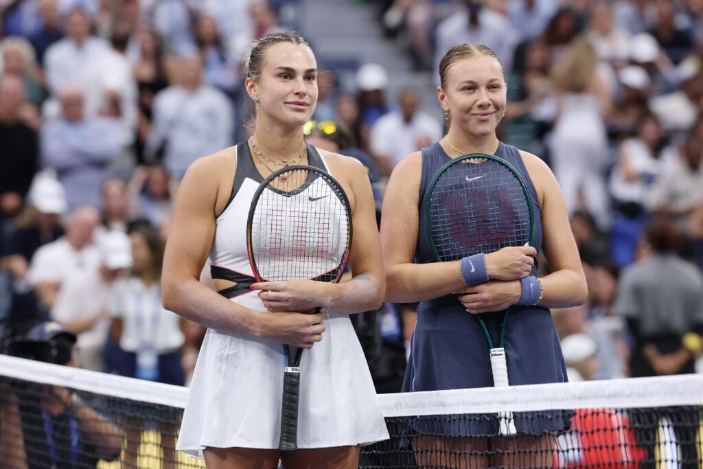 Aryna Sabalenka and Amanda Anisimova of the United States pose prior to the Women's Singles Final match on Day Fourteen of the 2025 US Open at USTA Billie Jean King National Tennis Center.