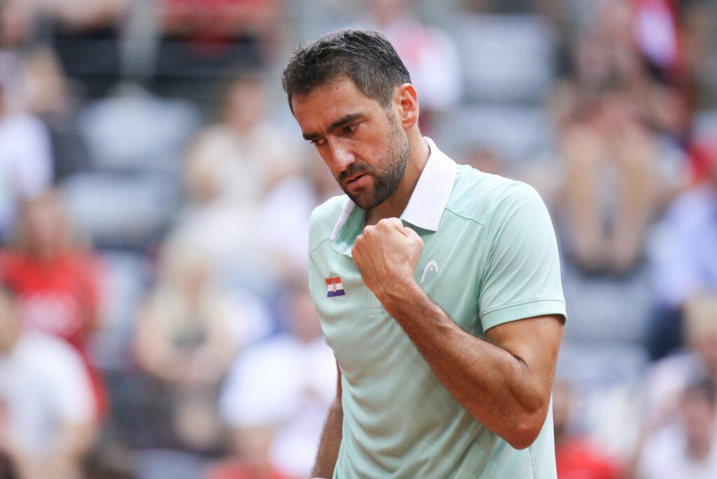 Marin Cilic of Croatia celebrates a point during the 2025 Davis Cup Qualifier second round match against Corentin Moutet of France at Dvorana Gradski Vrt.