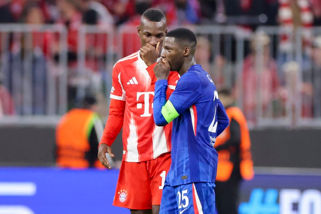 Nicolas Jackson of Bayern Muenchen and Moises Caicedo of Chelsea FC talk together during the UEFA Champions League 2025/26 League Phase