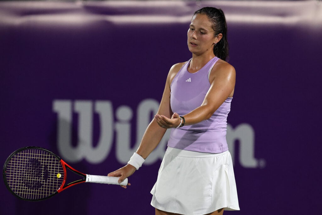 Daria Kasatkina of Australia reacts against Katerina Siniakova of Czech Republic in the women's singles round of 16 match during day four of the Korea Open Tennis Championship 2025 presented by Motiva at Seoul Olympic Park Tennis Center.