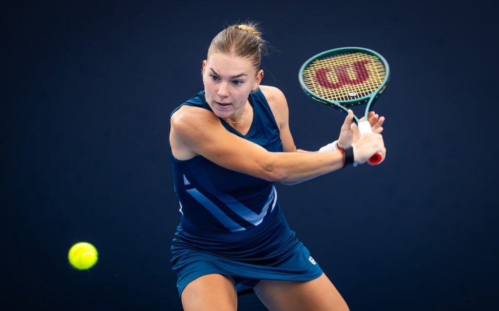 Maria Timofeeva in action against Greet Minnen of Belgium during the first qualifications round ahead of the China Open at National Tennis Center.