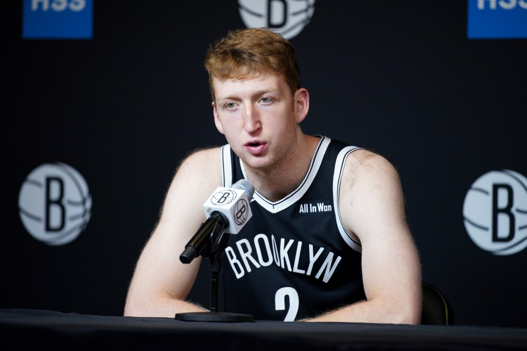Danny Wolf speaks to the media during Brooklyn Nets Media Day at Brooklyn Nets HSS Training Center on September 23, 2025 in the Brooklyn borough of New York City.