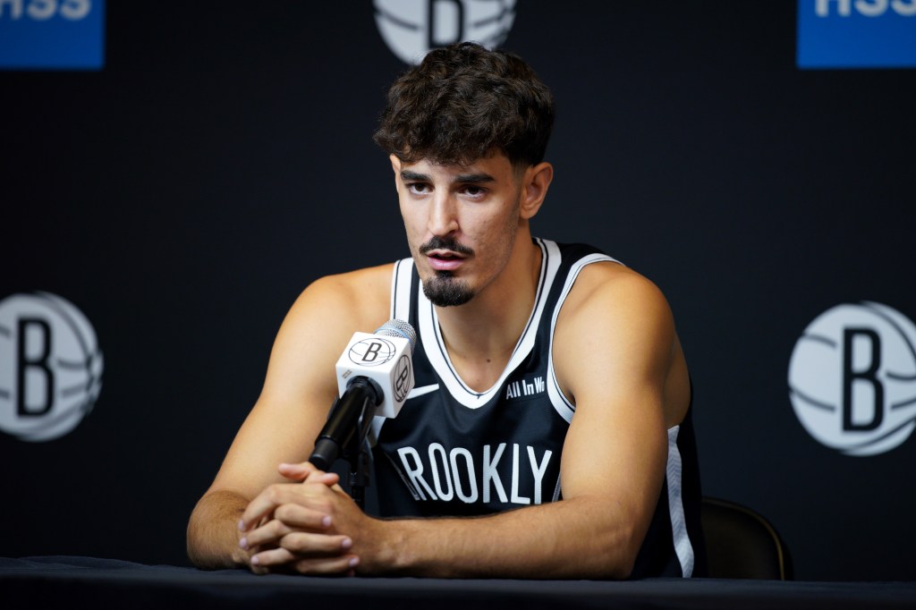 Ben Saraf speaks to the media during Brooklyn Nets Media Day at Brooklyn Nets HSS Training Center on September 23, 2025 in the Brooklyn borough of New York City.