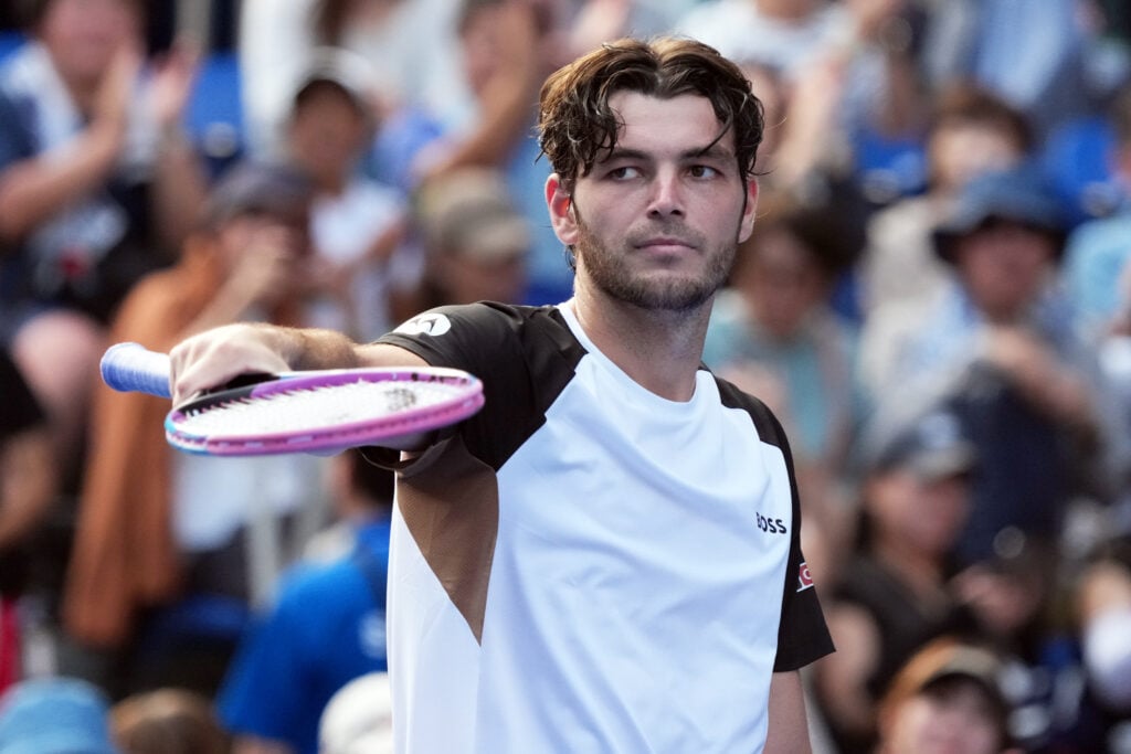 Taylor Fritz of United States celebrates winning against Gabriel Diallo of Canada during the Singles Round of 32 on day two of Kinoshita Group Japan Open at Ariake Colosseum.