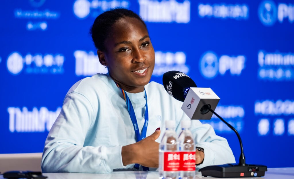 Coco Gauff speaks to the media after her third-round win at the 2025 China Open