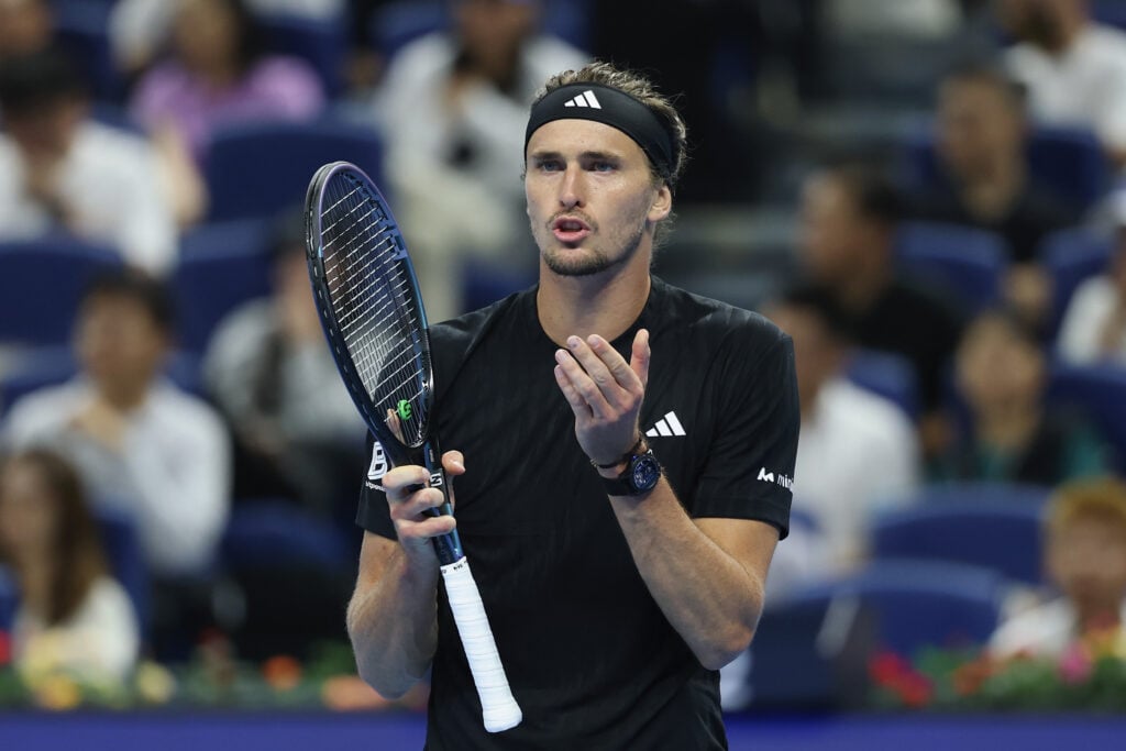 Alexander Zverev of Germany reacts against Daniil Medvedev in the Men's Singles Quarterfinals on day 8 of 2025 China Open at National Tennis Center.