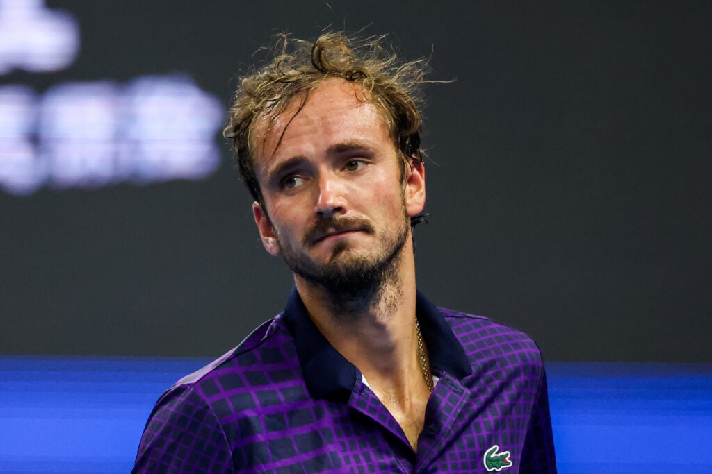 Daniil Medvedev reacts during his 2025 China Open semifinal defeat to Learner Tien