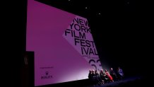 Eskil Vogt, Elle Fanning, Inga Ibsdotter Lilleaas, Stellan Skarsgård, Renate Reinsve, Joachim Trier and Dennis Lim attend the "Sentimental Value" Intro/Q&A during the 63rd New York Film Festival at Alice Tully Hall, Lincoln Center on September 30, 2025 in New York City. (Photo by Arturo Holmes/Getty Images for FLC)