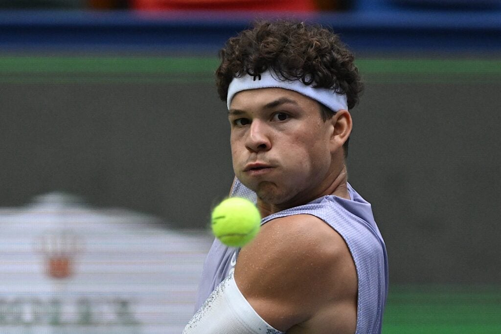 Ben Shelton hits a return to David Goffin at the 2025 Shanghai Masters