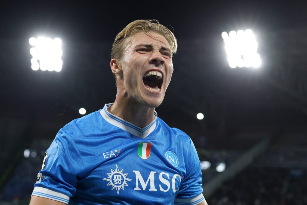 Rasmus Hojlund scores after scoring the first of his two goals for Napoli in the Champions League