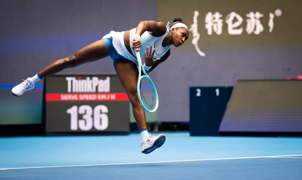 Coco Gauff of the United States in action against Amanda Anisimova of the United States in the semi-final on Day 13 of the China Open at National Tennis Center.