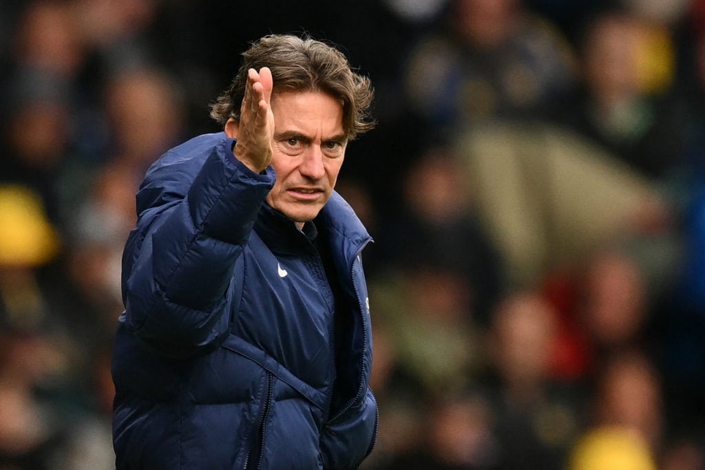 Tottenham Hotspur head coach Thomas Frank gestures on the touchline during his side's Premier League match against Leeds United