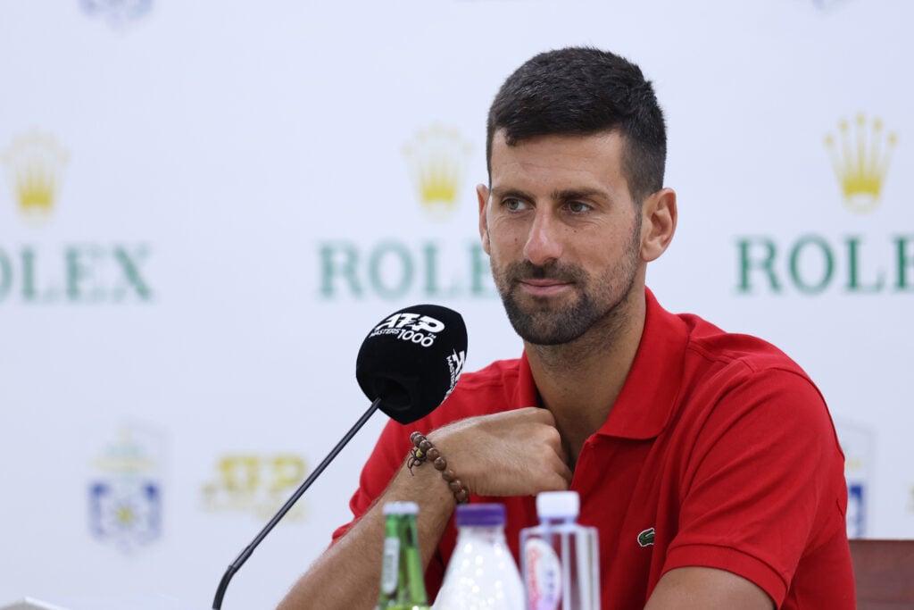 Novak Djokovic speaks during a press conference ahead of the 2025 Shanghai Masters