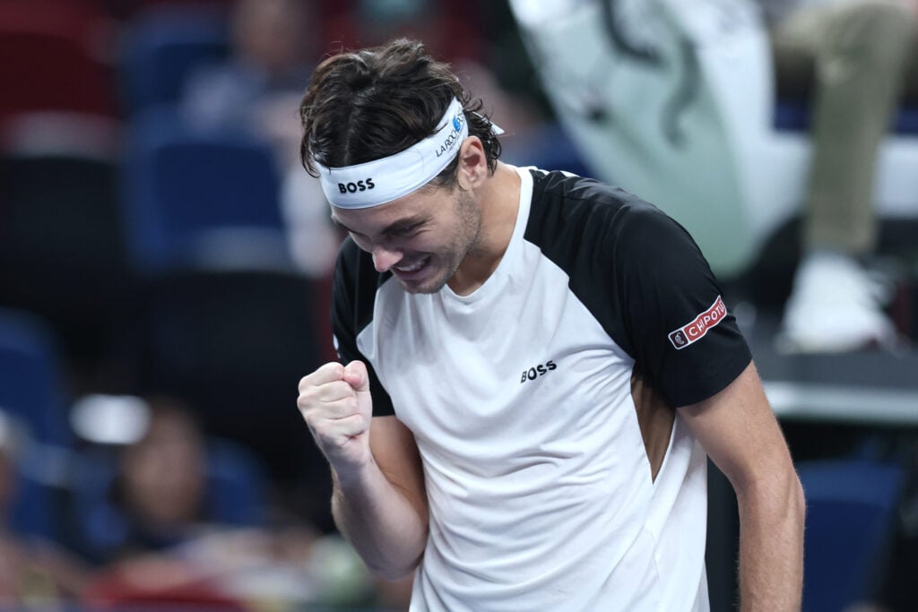 Taylor Fritz celebrates his win over Fabian Marozsan at the 2025 Shanghai Masters