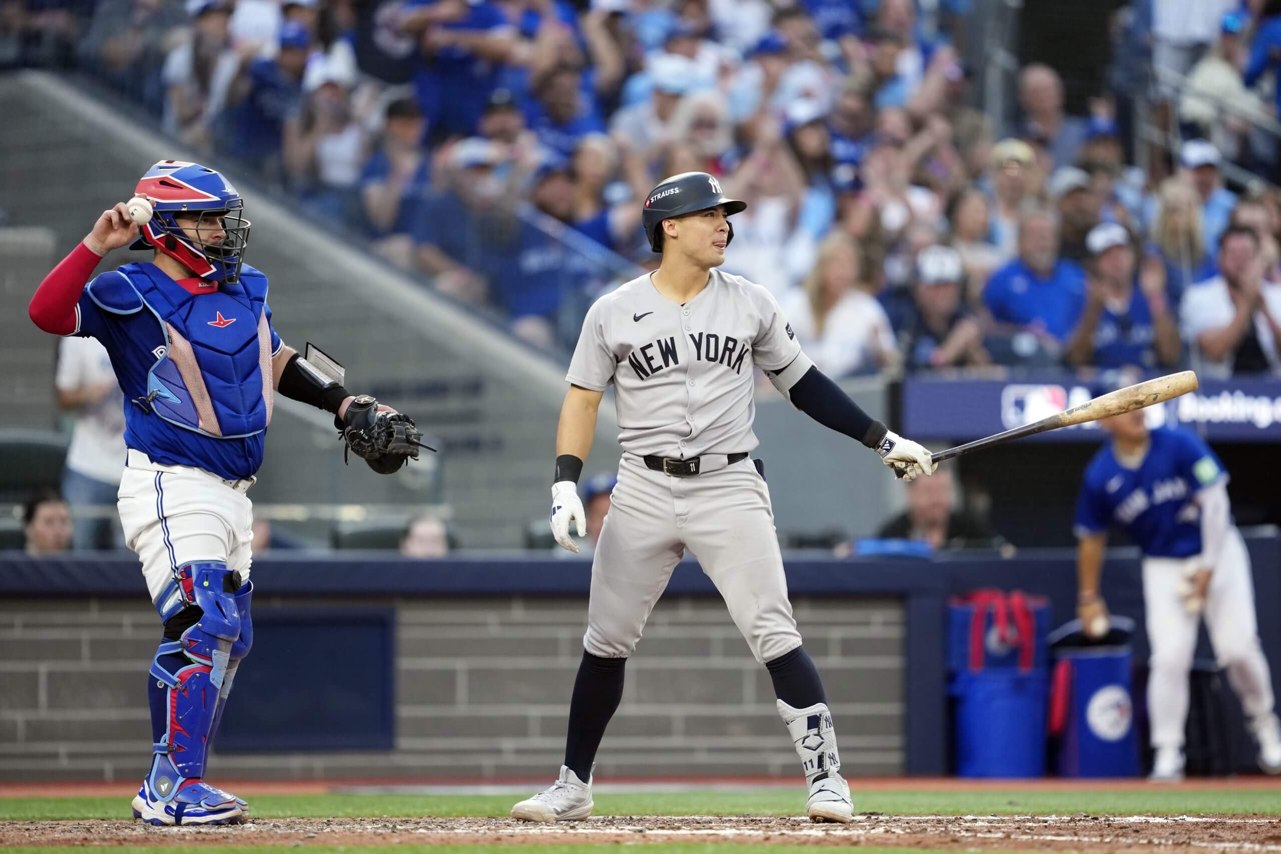 Anthony Volpe reacts after striking out against the Blue Jays