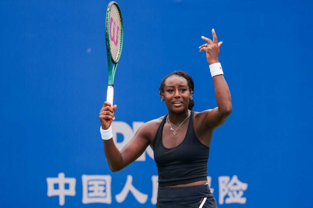 Alycia Parks of the United States reacts in the Women's Singles Qualifying first round match against Anastasia Zakharova on day 1 of 2025 Wuhan Open at Optics Valley International Tennis Center.