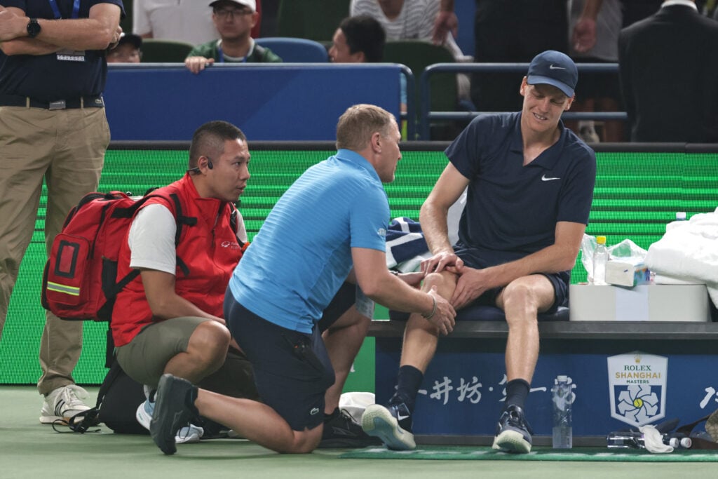 Jannik Sinner of Italy withdraws due to injury during the match against Tallon Griekspoor of Netherlands in the Men's Singles 3rd round match on day 7 of the 2025 Shanghai Rolex Masters Qi Zhong Tennis Center.