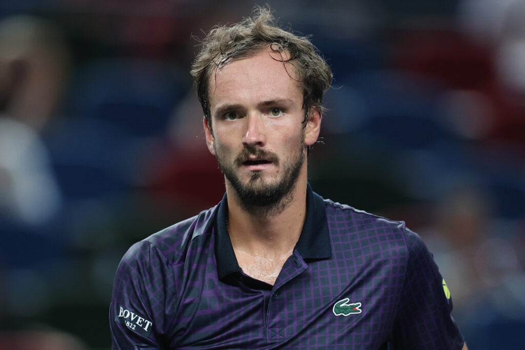 Daniil Medvedev reacts during his match against Alejandro Davidovich Fokina of Spain in the Men's singles round of 32 match on Day 8 of 2025 Shanghai Rolex Masters at Qi Zhong Tennis Center.