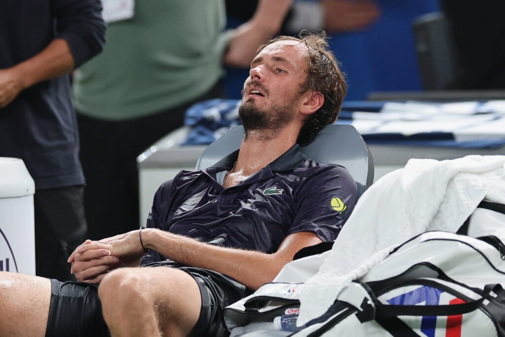 Daniil Medvedev reacts after his match against Alejandro Davidovich Fokina of Spain in the Men's singles round of 32 match on Day 8 of 2025 Shanghai Rolex Masters at Qi Zhong Tennis Center.