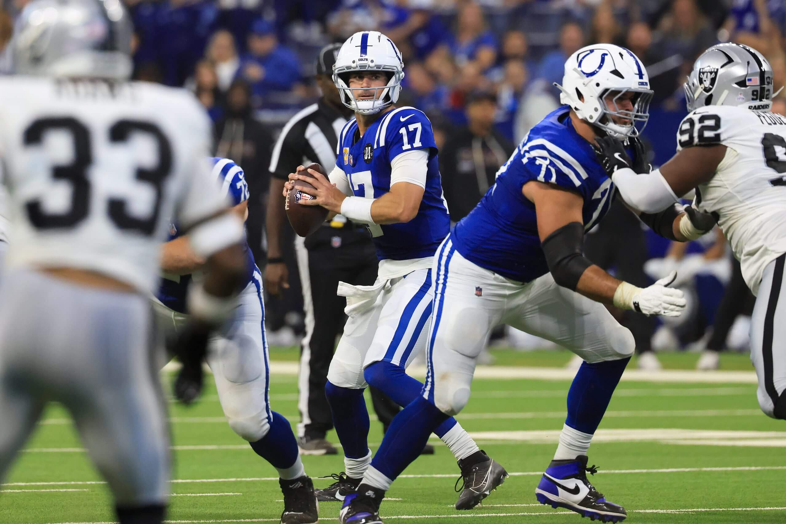 Quarterback Daniels Jones looks to pass for the Indianapolis Colts.