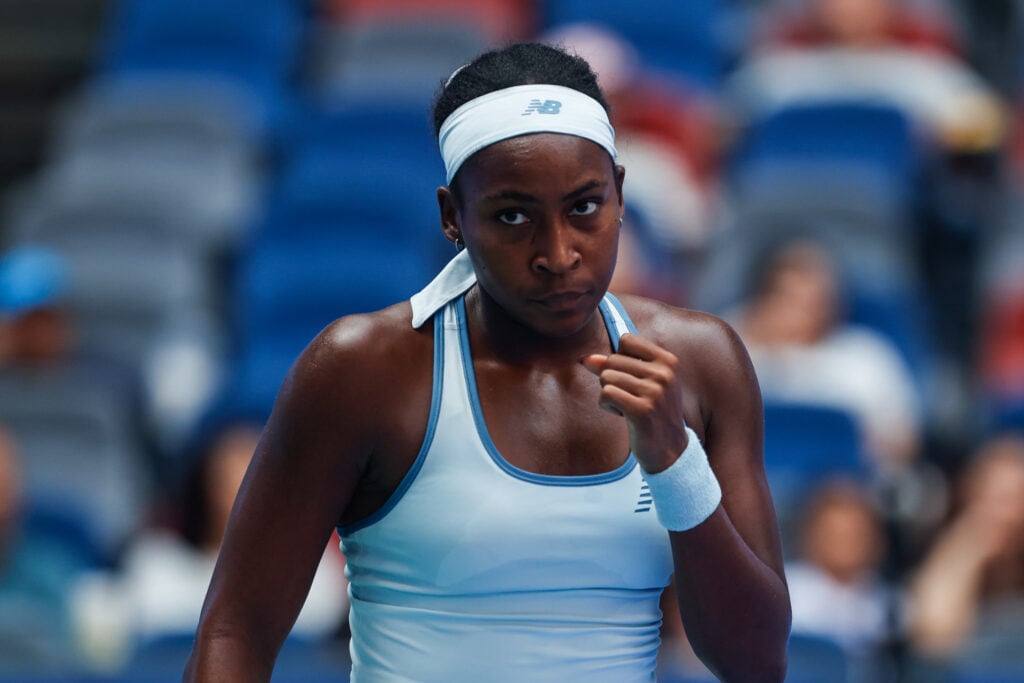 Coco Gauff of the United States reacts against Moyuka Uchijima of Japan in the women's singles round of 32 match during day five of the 2025 Wuhan Open at Optics Valley International Tennis Center.