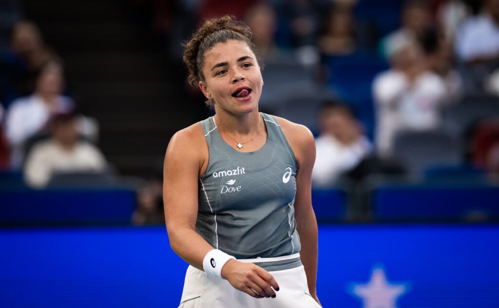 Jasmine Paolini of Italy in action against Coco Gauff of the United States in the semi-final on Day 8 of the Wuhan Open at Optics Valley International Tennis Center.