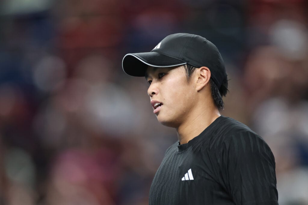 Learner Tien of the United States reacts during the match against Daniil Medvedev in the Men's Singels round of 16 match on day 10 of the 2025 Shanghai Rolex Masters at Qi Zhong Tennis Center.